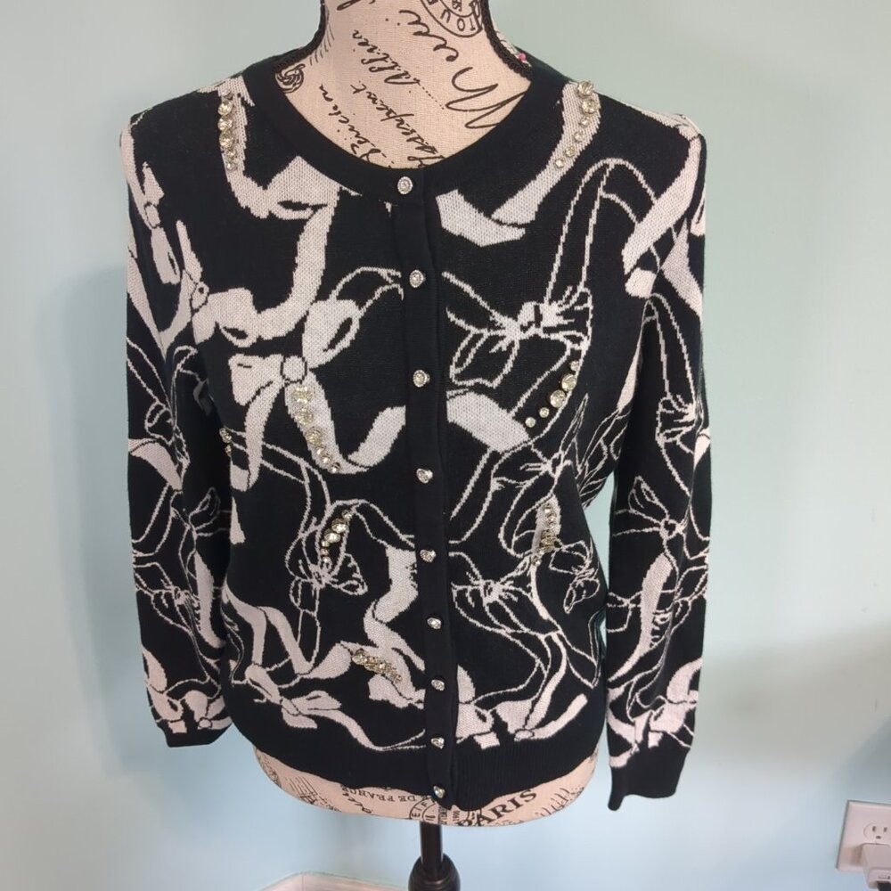 Charter Club NWT Black sweater Cardigan Embroidered Beads bow print petite mediu